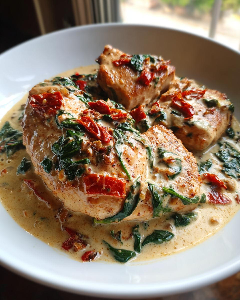 Three pieces of seared chicken breast smothered in a rich, creamy Tuscan sauce with spinach and sun-dried tomatoes, featuring the creamy tuscan chicken.