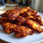 A close-up of a mound of perfectly cooked, crispy air fryer chicken wings piled high on a white plate.