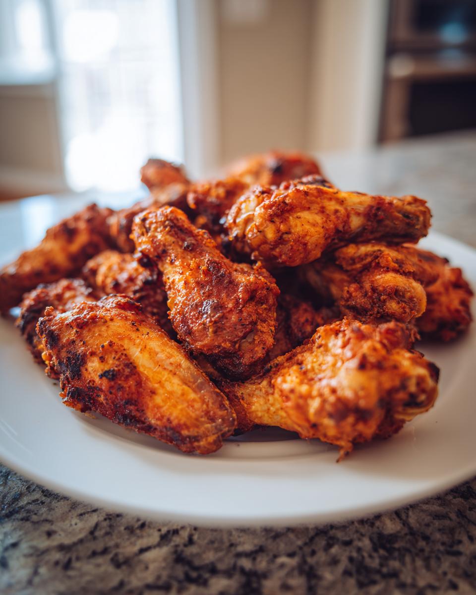 A close-up shot of a large pile of seasoned, crispy air fryer chicken wings stacked on a white plate.