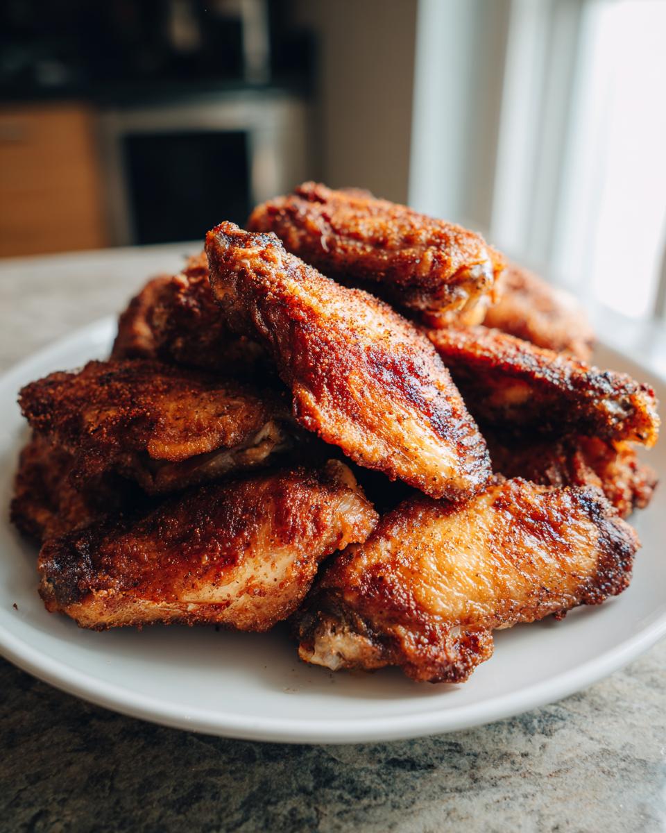 A mound of perfectly seasoned, crispy air fryer chicken wings piled high on a white plate.
