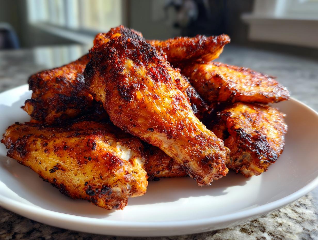 A pile of golden brown, seasoned, crispy air fryer chicken wings stacked on a white plate.