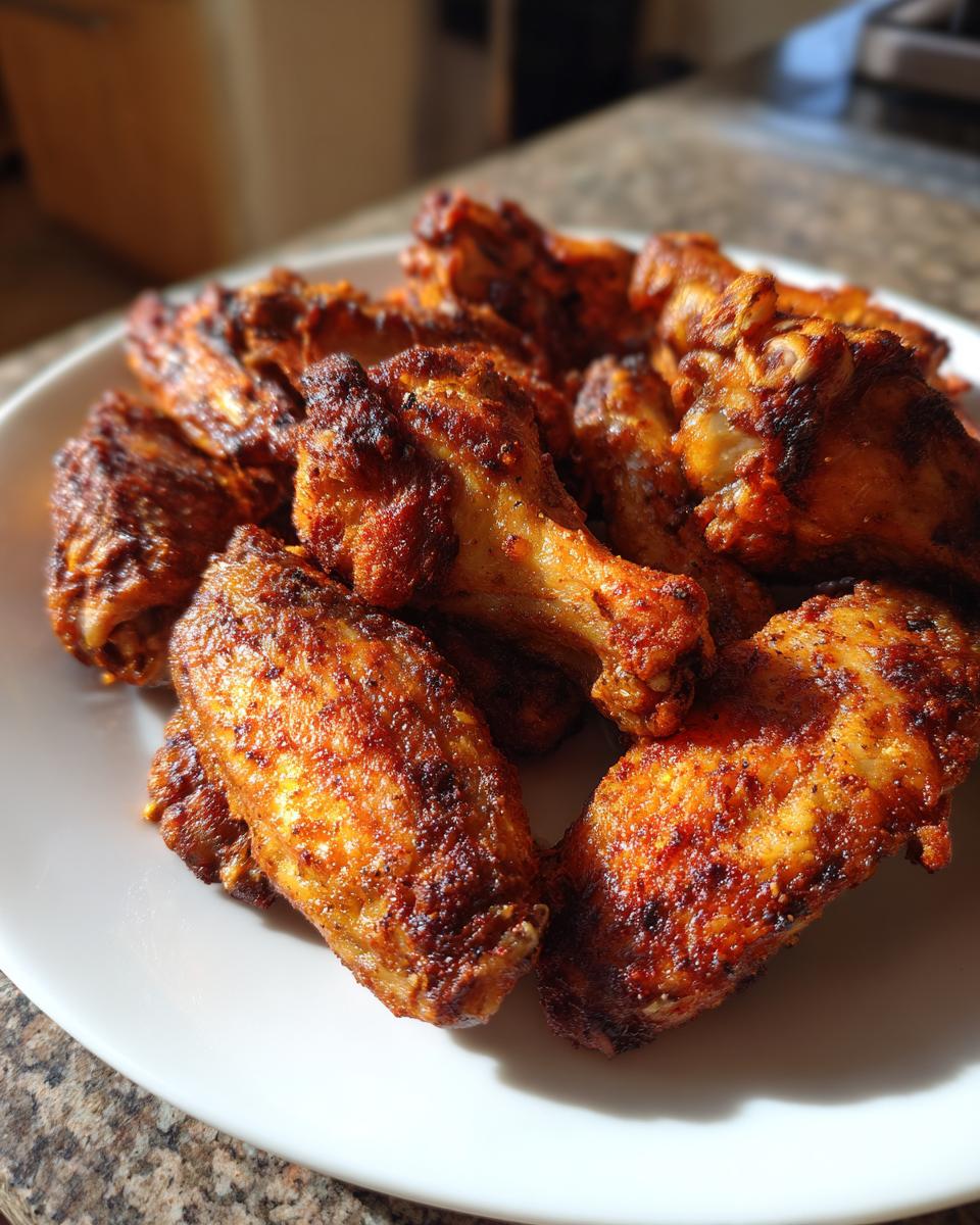 A pile of perfectly seasoned and crispy air fryer chicken wings served on a white plate, ready to eat.