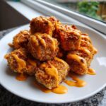 A pile of crispy, breaded Bang Bang Salmon bites drizzled generously with orange spicy sauce on a white plate.