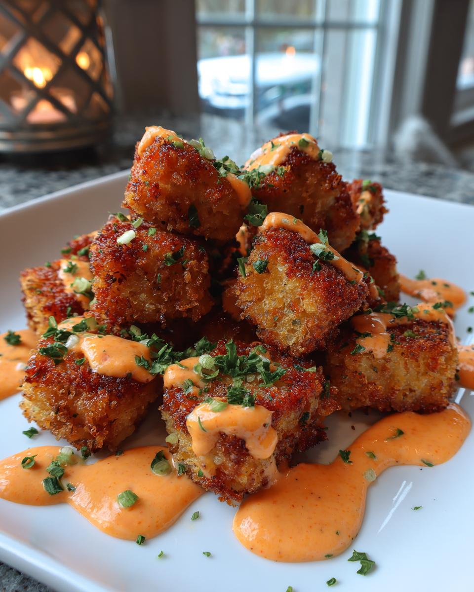 A stack of crispy, bite-sized pieces of bang bang salmon drizzled with orange sauce and topped with chives.