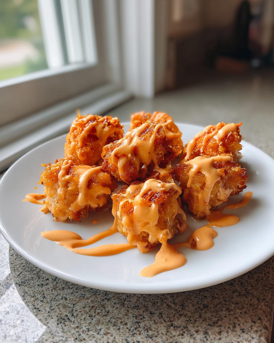 Six crispy, bite-sized pieces of fried salmon drizzled generously with orange Bang Bang sauce on a white plate.
