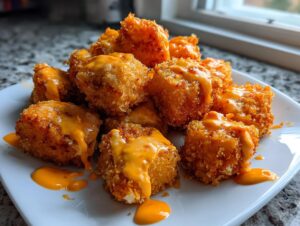 A pile of crispy, golden brown bites drizzled with orange Bang Bang sauce on a white plate.