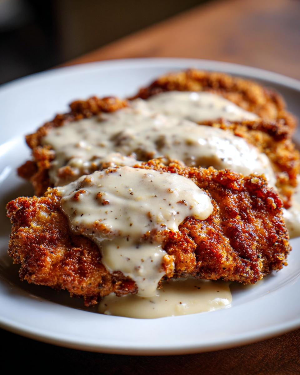 Close-up of crispy, golden brown chicken fried steak smothered in creamy, peppered country gravy.