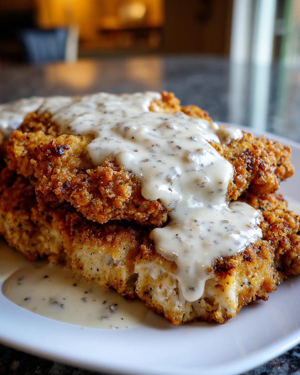 Close-up of golden brown, crispy chicken fried steak smothered in creamy, black pepper country gravy.