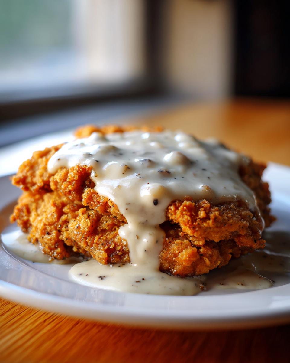 Close-up of a golden brown, crispy chicken fried steak smothered in creamy, black pepper-flecked country gravy.