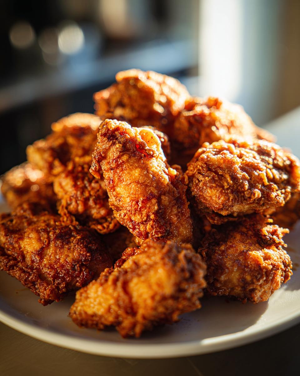 Close-up of a pile of perfectly crispy, golden brown fried chicken wings bathed in warm light.