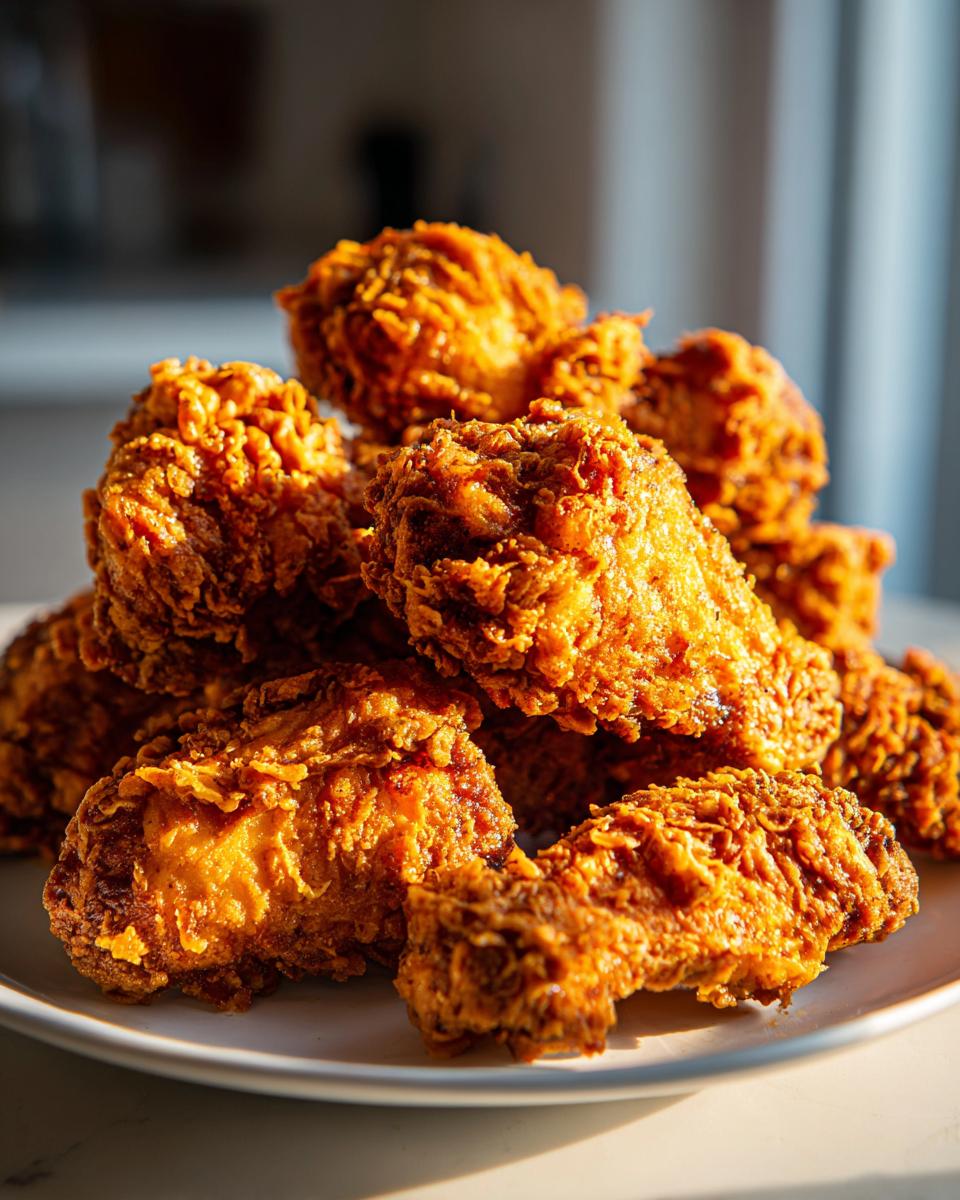 A close-up, appetizing pile of golden brown, crispy fried chicken wings stacked on a white plate.