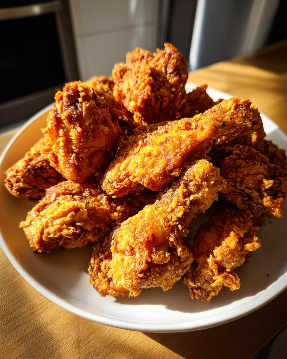 A heaping plate of perfectly crispy, golden brown fried chicken wings illuminated by dramatic sunlight.