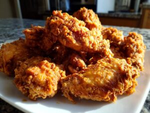 Close-up of a pile of perfectly crispy, golden brown fried chicken wings on a white plate.