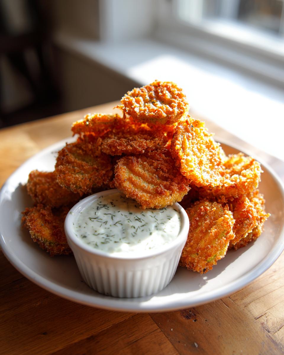 A pile of golden brown, crispy Fried Pickles served on a white plate with a side of creamy dill dipping sauce.