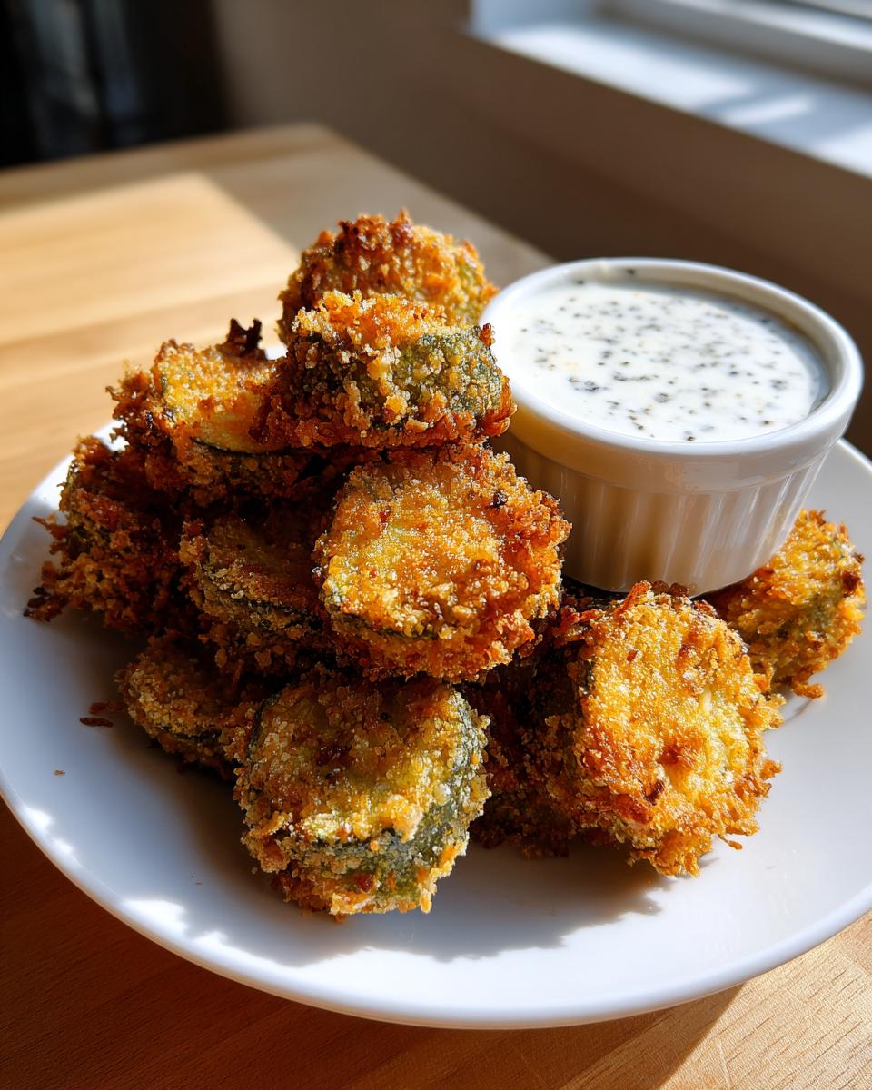 A pile of golden brown, crispy fried pickles served on a white plate next to a small ramekin of creamy dipping sauce.