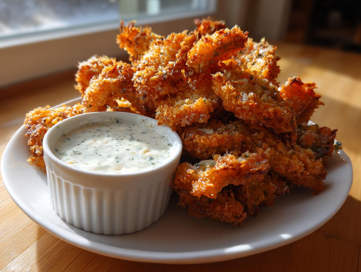 A plate piled high with golden brown, crispy Fried Pickles next to a small white ramekin of ranch dipping sauce.