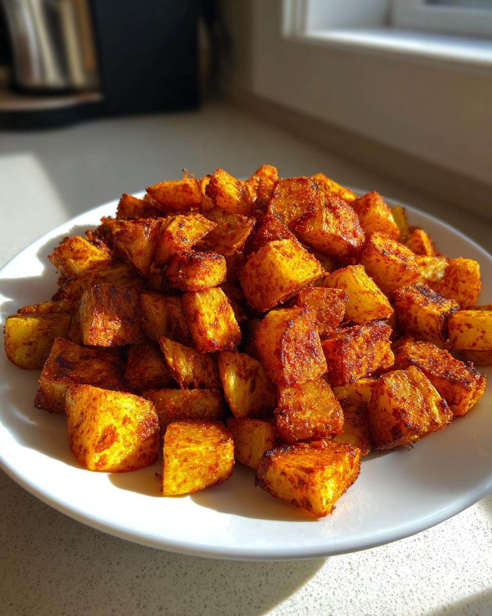 A pile of perfectly roasted, cubed Mexican potatoes coated in vibrant red seasoning on a white plate.