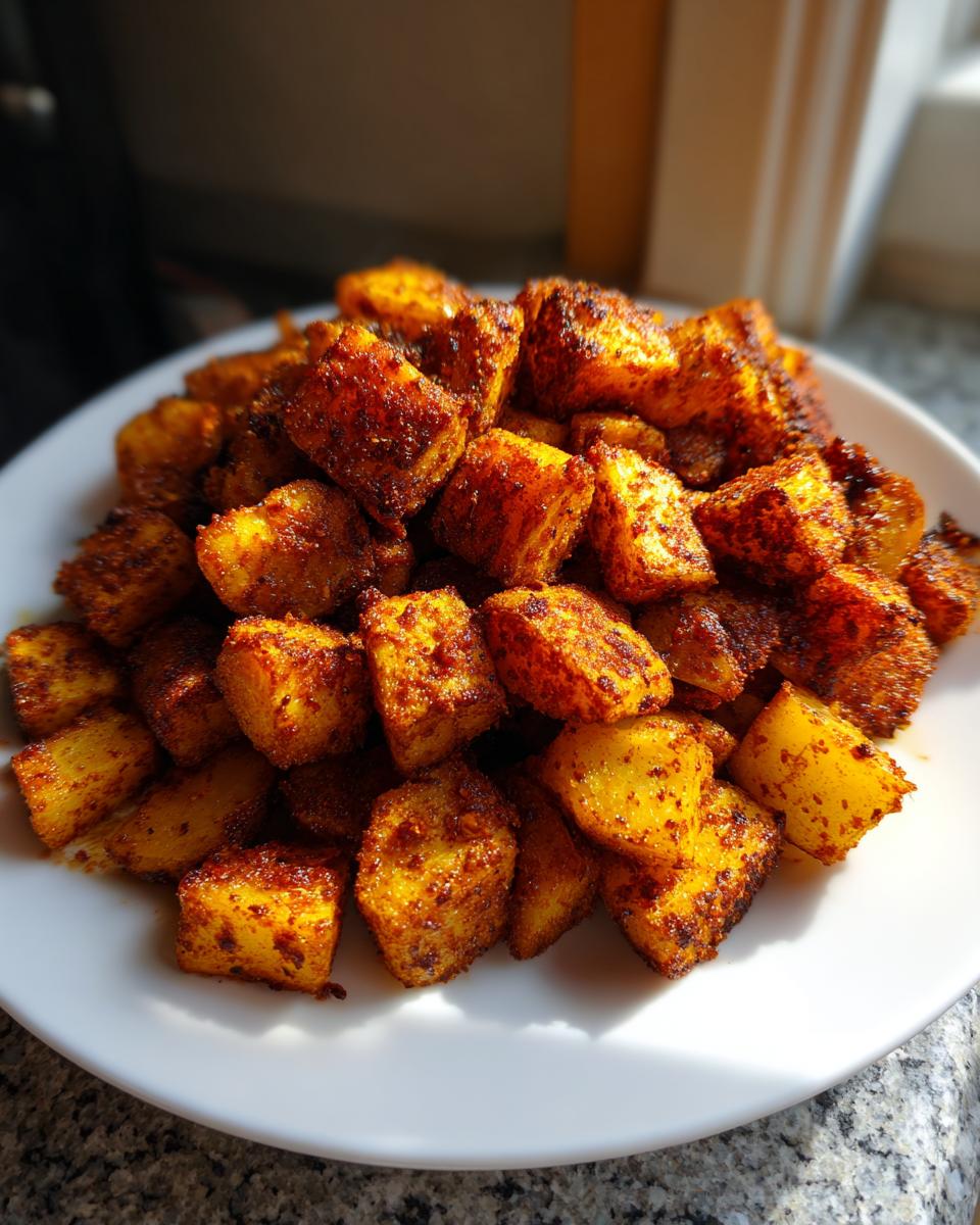 A close-up of perfectly seasoned and roasted Mexican Potatoes piled high on a white plate.