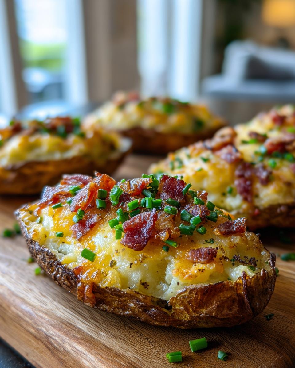 Close-up of a crispy potato skins half loaded with melted cheese, bacon bits, and fresh chives.