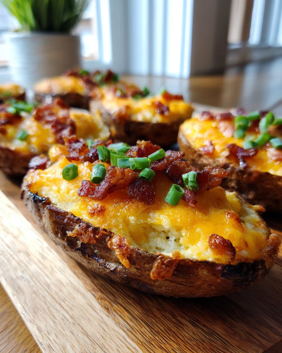 A close-up of crispy potato skins filled with melted cheddar cheese, bacon bits, and green onions.