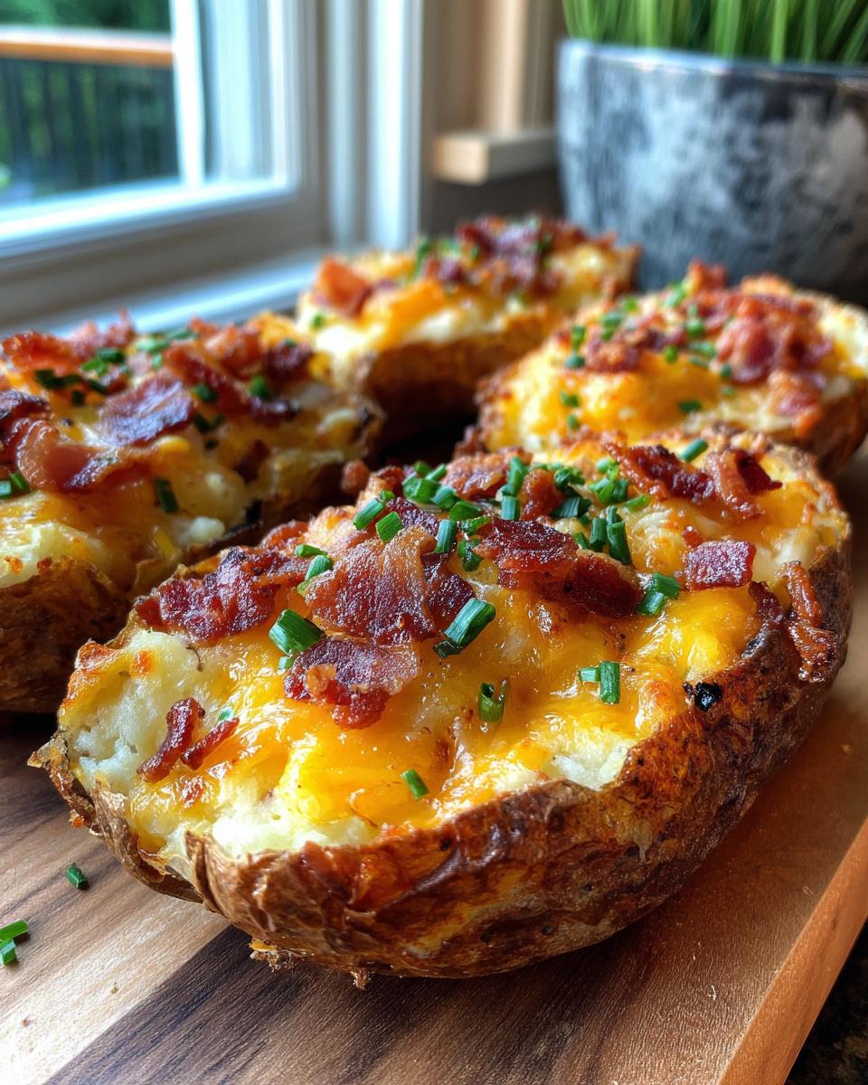 Close-up of crispy potato skins loaded with melted cheddar cheese, bacon bits, and fresh chives.