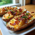 Three crispy potato skins loaded with melted cheese, bacon bits, and fresh chives, ready to eat.