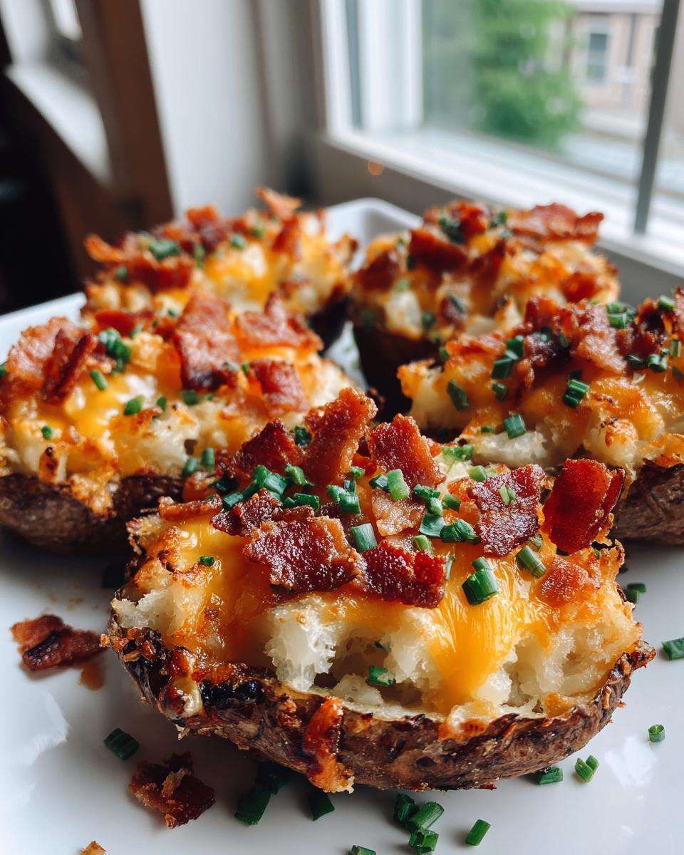 Close-up of four loaded potato skins topped with melted cheddar cheese, bacon bits, and fresh chives.