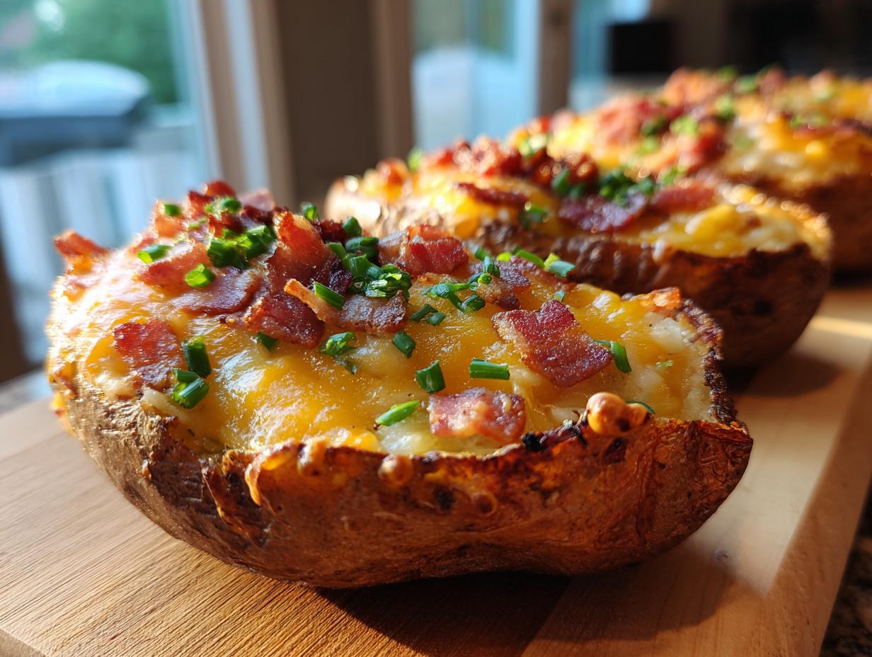 Close-up of crispy potato skins loaded with melted cheddar cheese, bacon bits, and fresh chives.