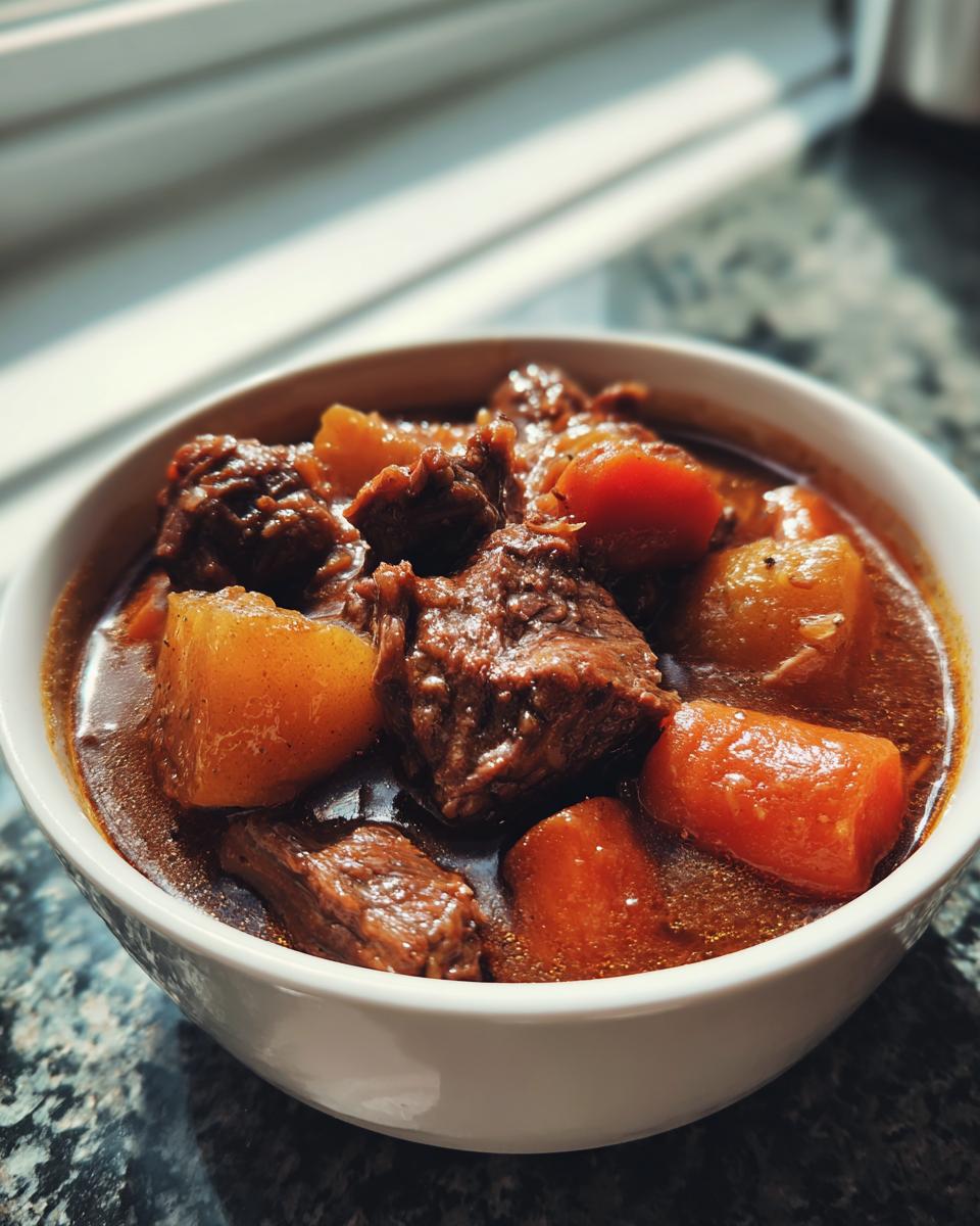 A close-up of a white bowl filled with rich, dark crockpot beef stew featuring tender chunks of beef, potatoes, and carrots.