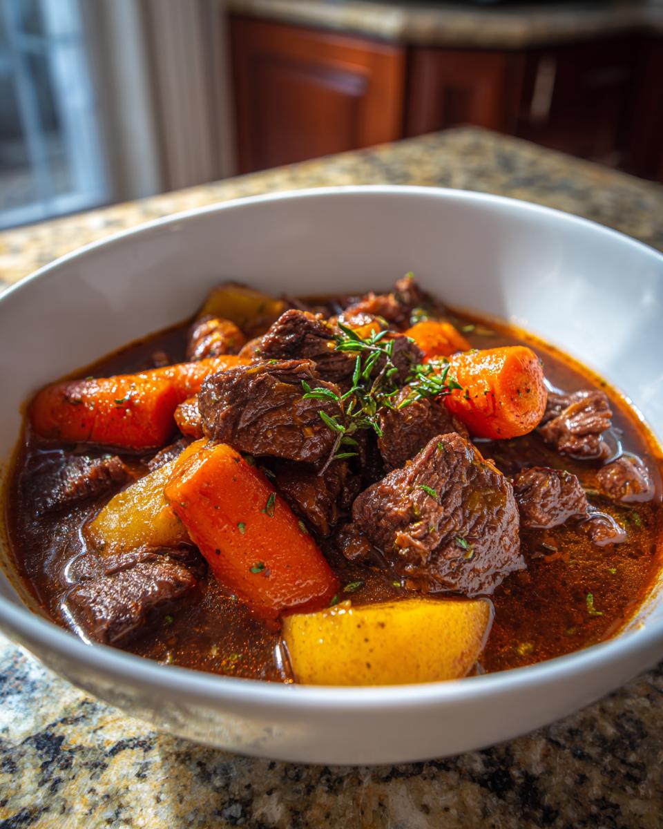 Close-up of a hearty bowl of crockpot beef stew featuring tender beef chunks, bright orange carrots, and yellow potatoes in a rich gravy.