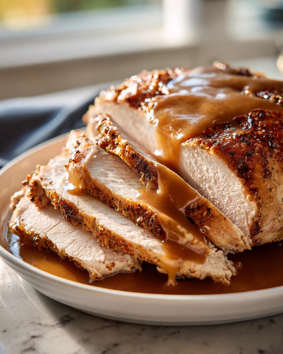 Slices of juicy crockpot turkey breast covered in rich brown gravy, served on a white plate.
