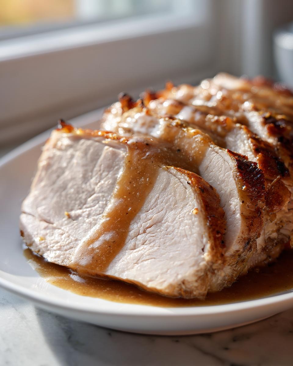 Close-up of juicy, sliced crockpot turkey breast drizzled with brown gravy on a white plate.