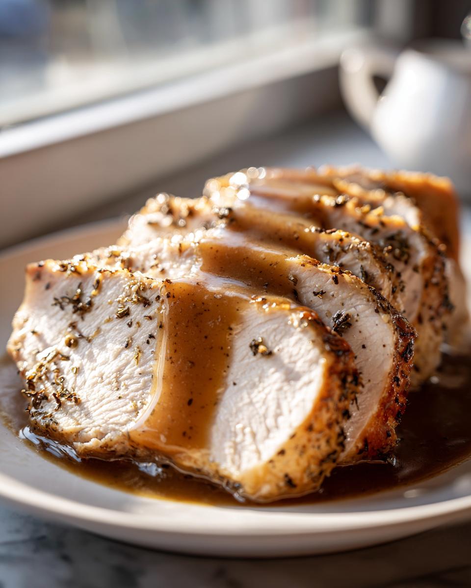 Close-up of thick slices of seasoned crockpot turkey breast covered in rich brown gravy.
