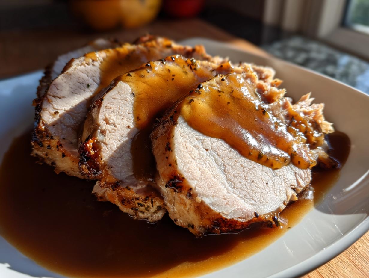 Three thick slices of juicy crockpot turkey covered in rich brown gravy on a white plate.