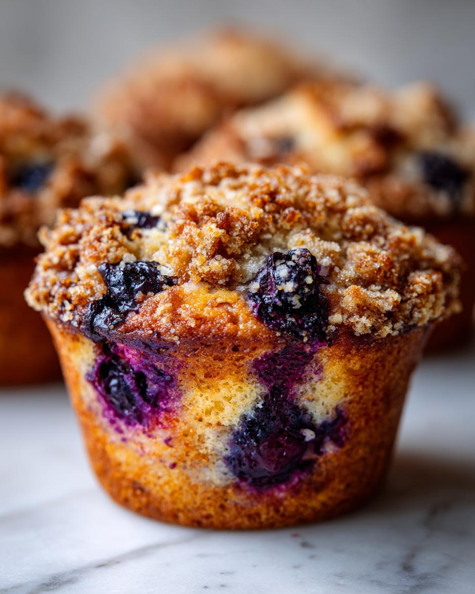 A close-up, focus shot of a single, golden-brown blueberry muffin topped with crunchy streusel, showcasing vibrant purple blueberry bursts.