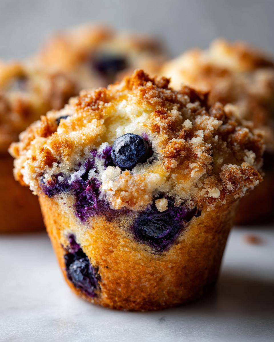 A close-up of a golden brown blueberry muffin topped with a generous layer of streusel crumb topping.