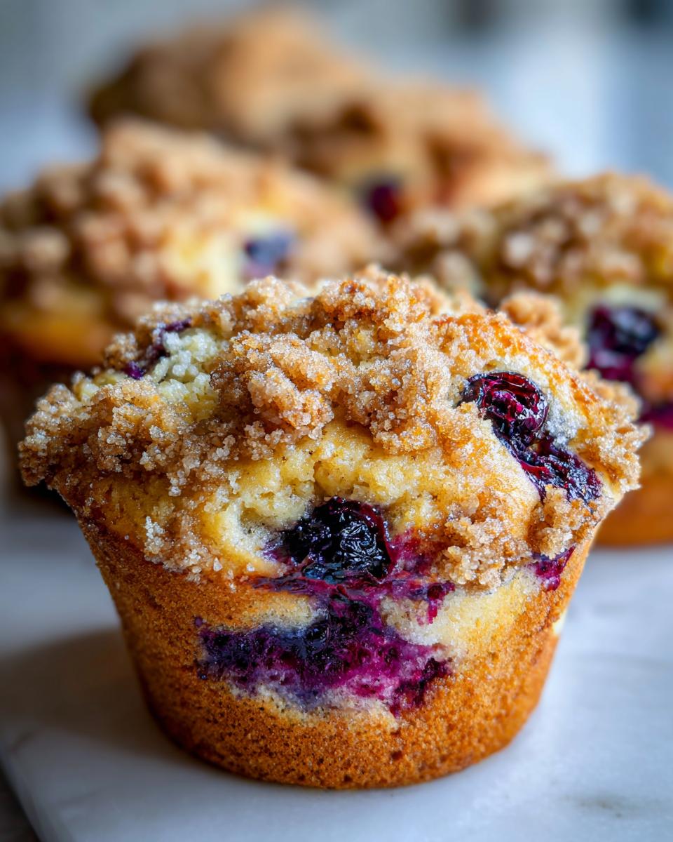 A close-up of a golden baked blueberry muffin featuring a generous brown sugar crumb topping and bursting blueberries.