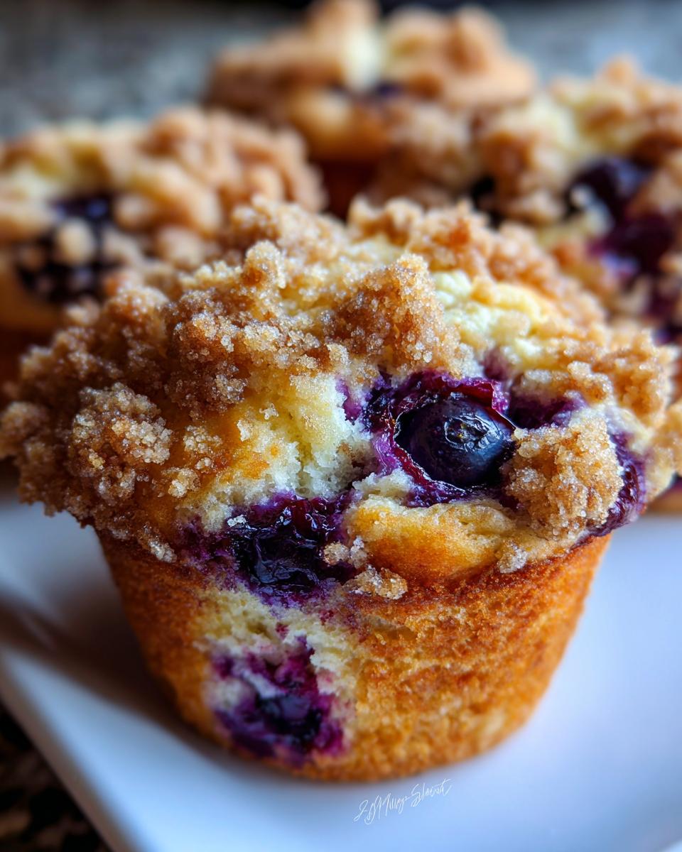 A close-up of a delicious, golden-brown blueberry muffin topped with sweet streusel crumb topping.