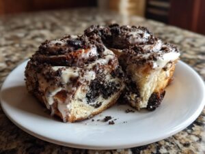 Three decadent oreo cinnamon rolls drizzled with white icing and topped with crushed cookies on a white plate.
