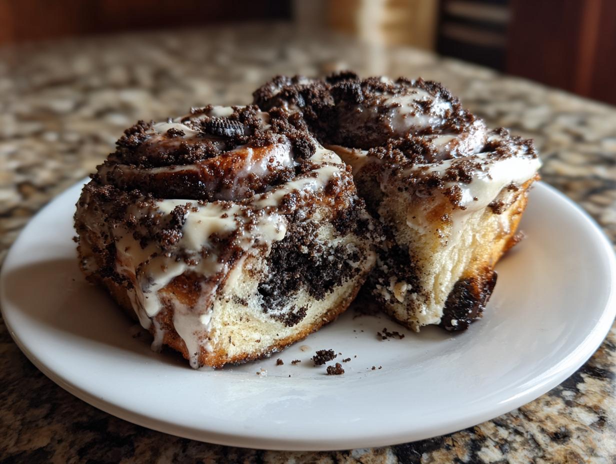 Three decadent oreo cinnamon rolls drizzled with white icing and topped with crushed cookies on a white plate.