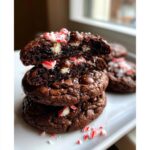 A stack of rich, fudgy double chocolate peppermint cookies, with the top cookie broken to show the gooey interior and white chocolate chips.