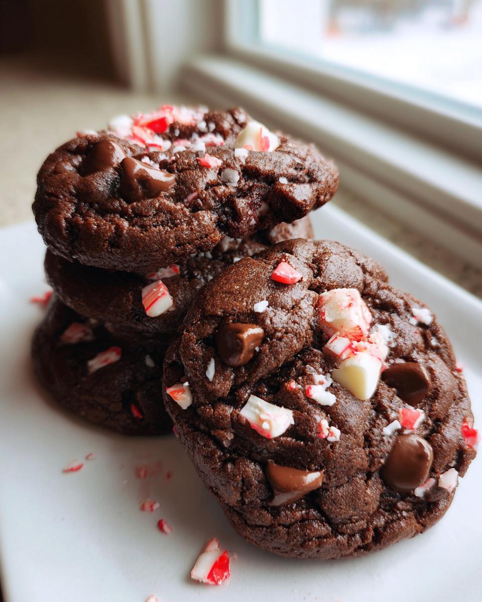 A stack of rich, dark double chocolate peppermint cookies topped with crushed candy canes.