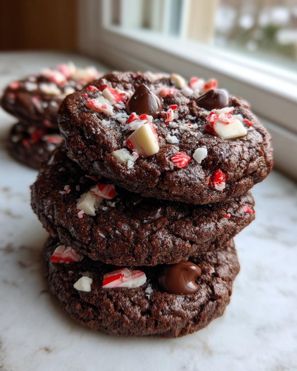 A stack of three rich, dark double chocolate peppermint cookies topped with chocolate chips and crushed peppermint candy.
