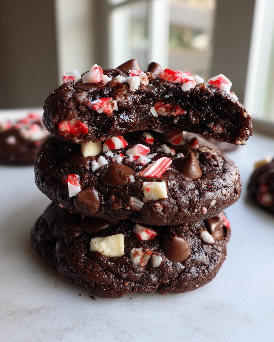 A stack of three rich, fudgy double chocolate peppermint cookies, with the top one broken open showing the soft interior.
