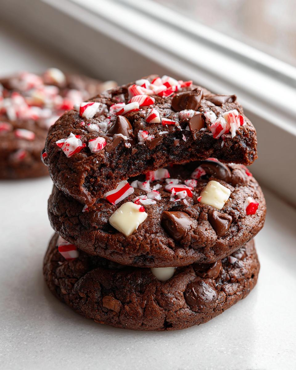 A stack of three rich double chocolate peppermint cookies, topped with crushed candy canes and chocolate chips. The top cookie has a bite taken out.