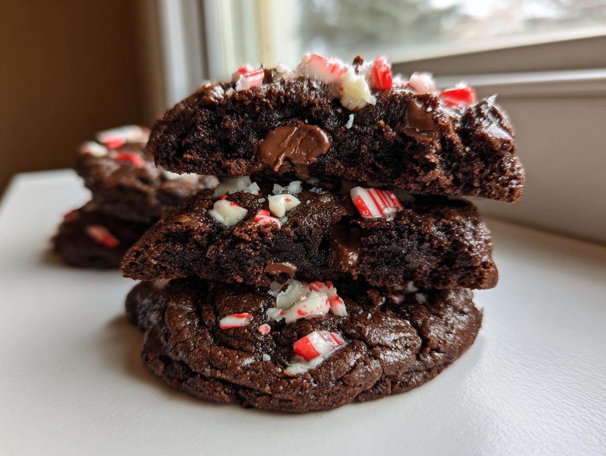 A stack of three rich double chocolate peppermint cookies, with the top two broken open to show the gooey center and peppermint pieces.