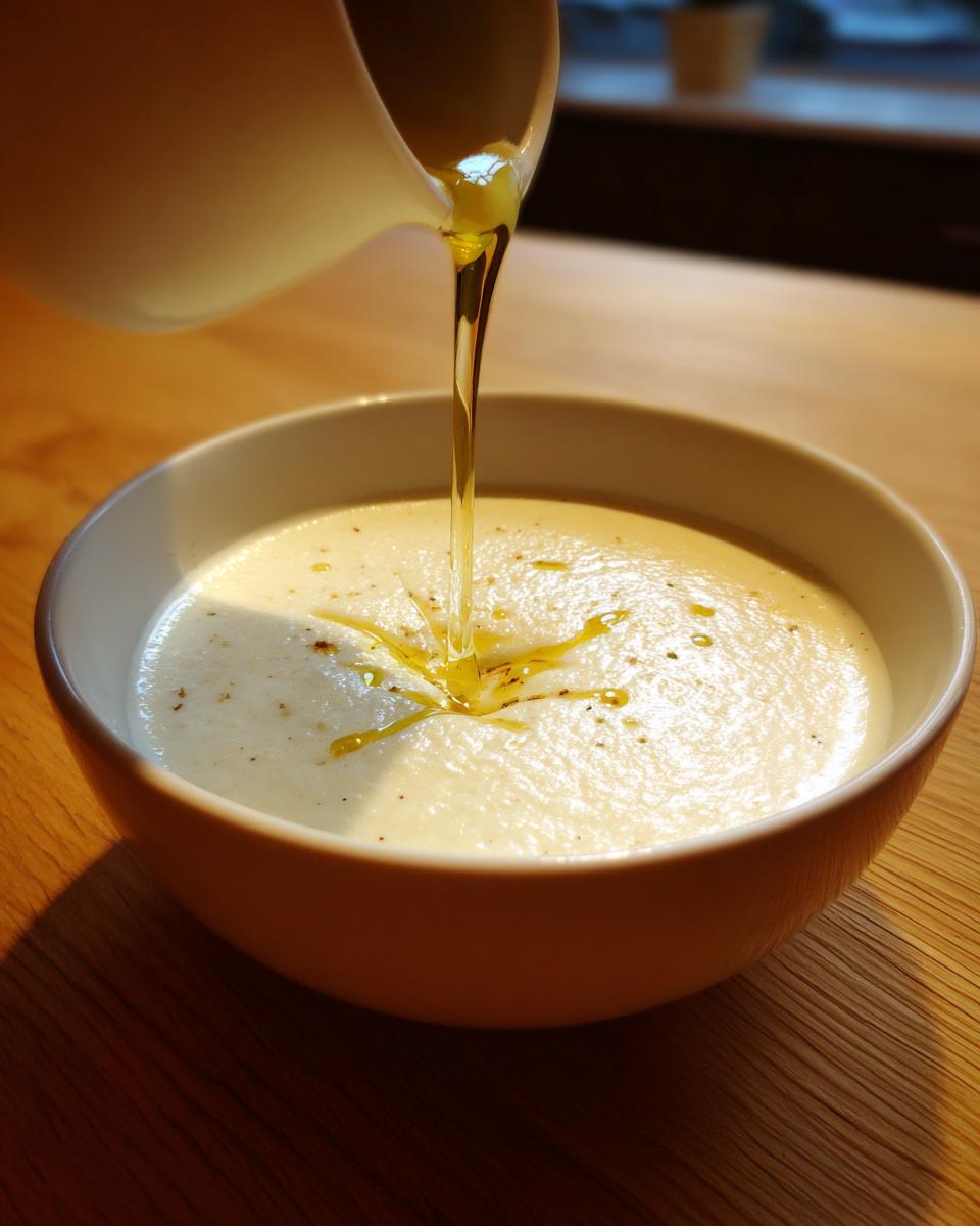 A close-up of olive oil being drizzled from a white pitcher onto a bowl of creamy roasted cauliflower soup.