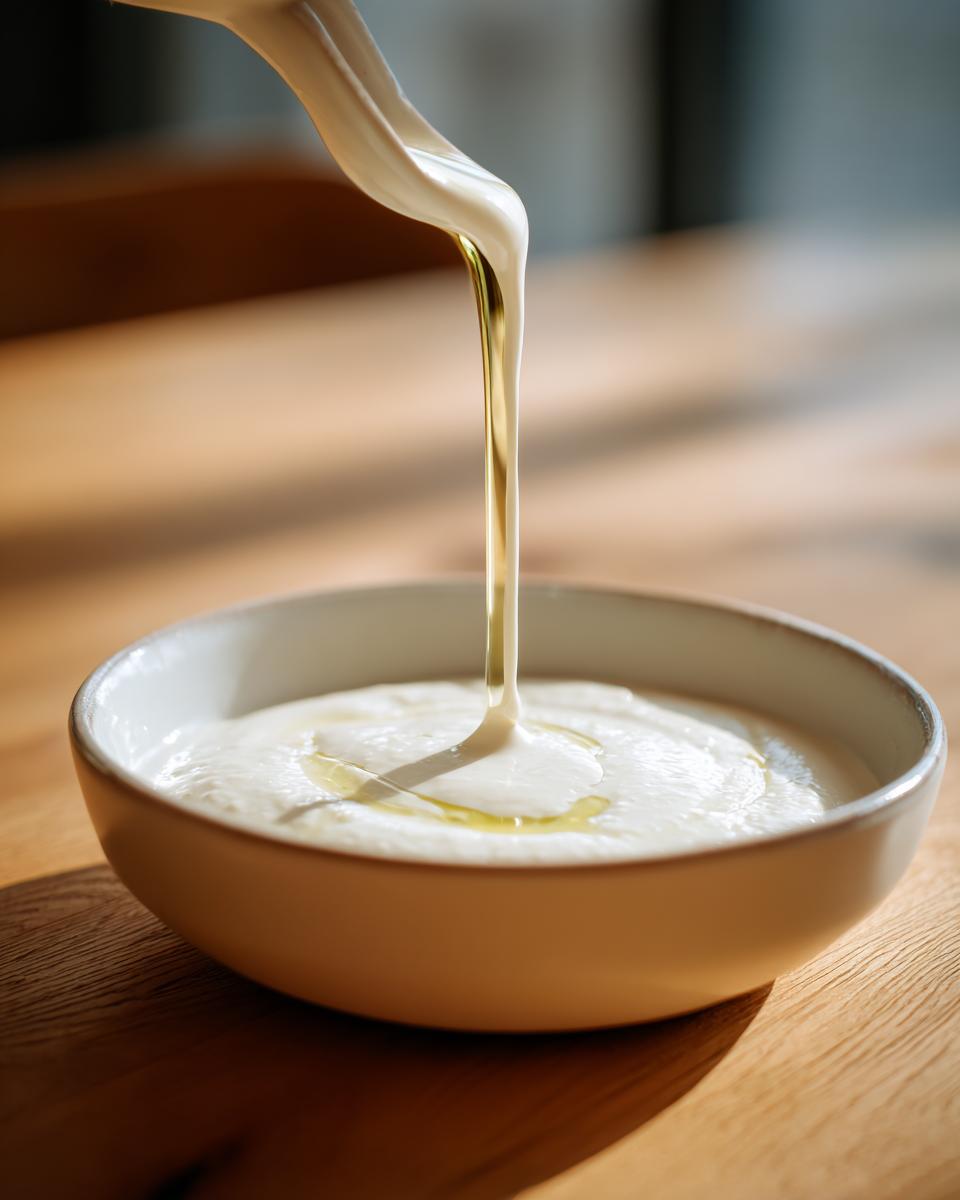 A stream of golden oil being drizzled onto a bowl of creamy white roasted cauliflower soup.