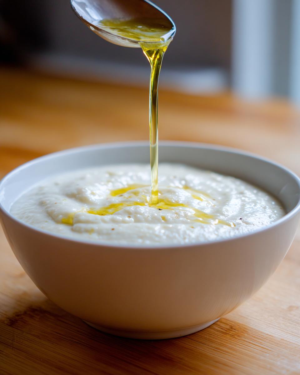 A spoonful of golden oil is drizzled over a bowl of creamy roasted cauliflower soup.