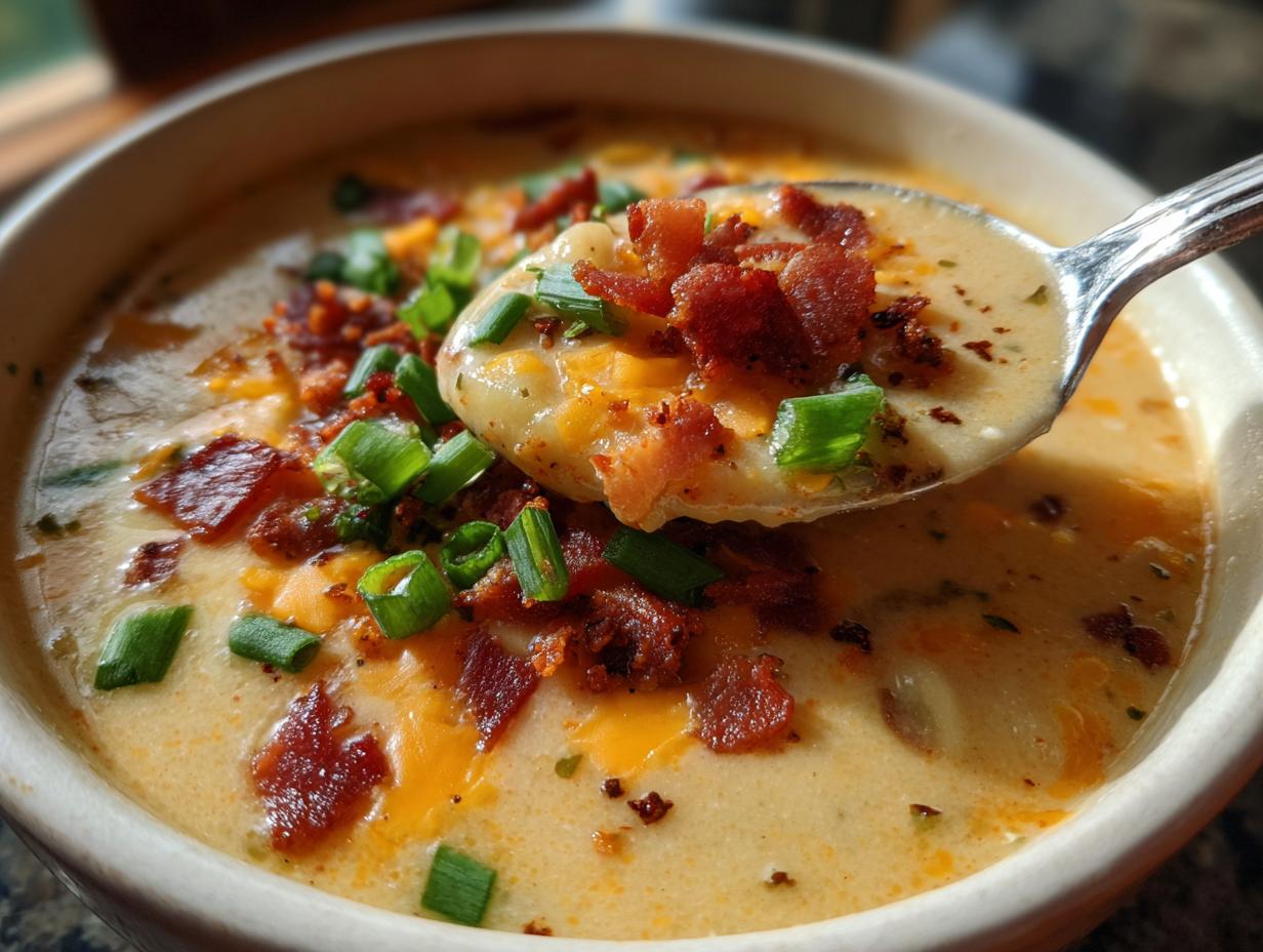 A spoonful of creamy easy crockpot potato soup topped with bacon bits and green onions.
